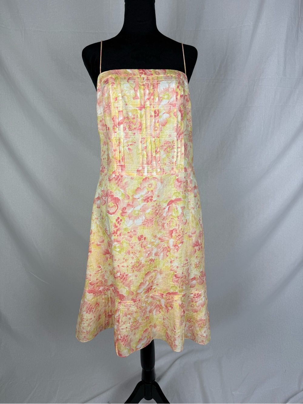 Ann Taylor 100% Linen Yellow/Pink Floral Dress Strappy Above Knee Length 8